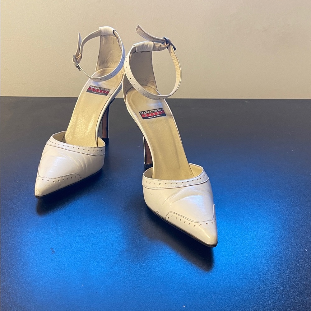 Elegant White Leather Heels with Ankle Strap